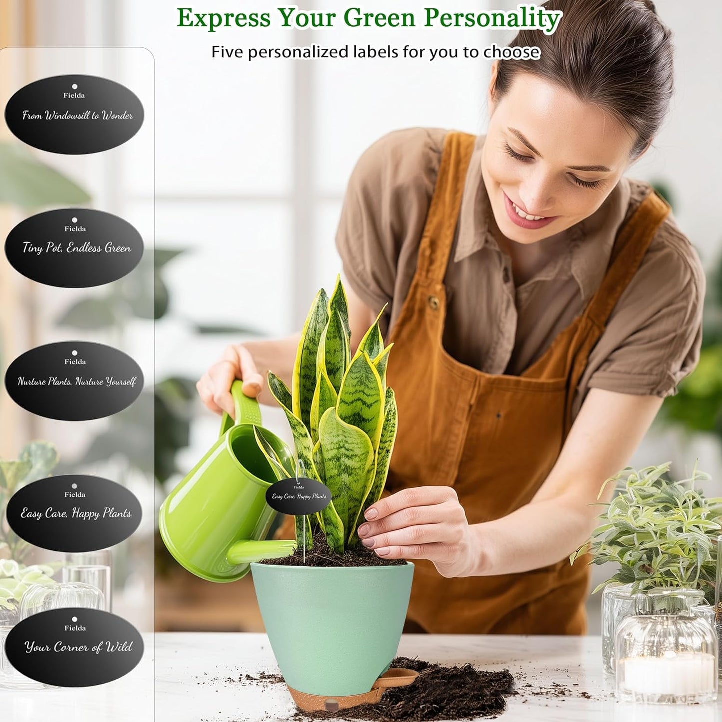 6 Inch Self Watering Pots for Indoor Plants (5-Pack) – Small Plastic Planters with Water Window, Drainage Holes & Trays, Indoor Outdoor Flower Pots for Herbs, Succulents, Home Garden Decor (Green)