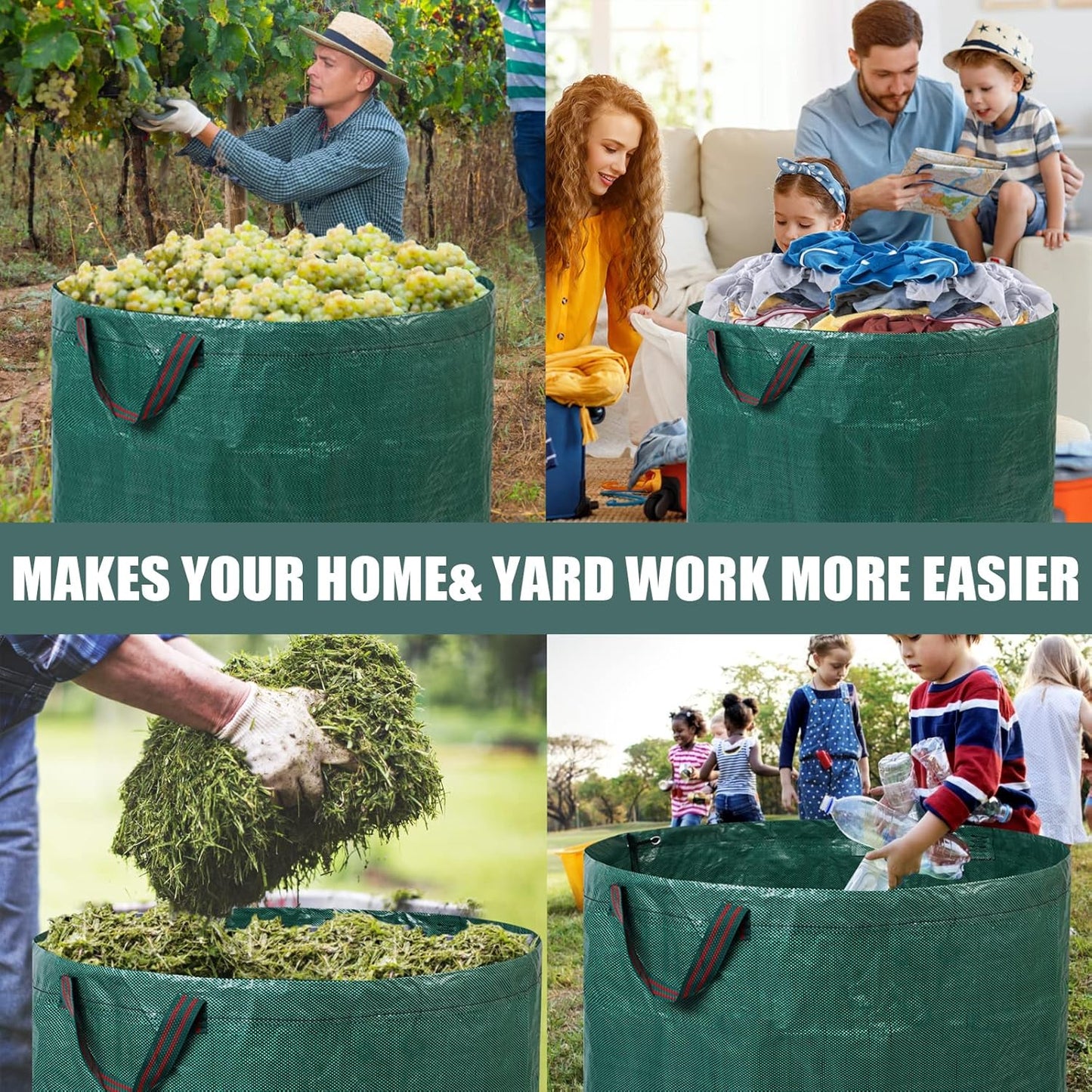 2 Pack 137 Gallons Reusable Yard Waste Bags with Double Bottom Extra Large Lawn Leaf Bags Heavy Duty With 4 Reinforced Handles Garden waste Bags Containers for Debris Grass Clipping