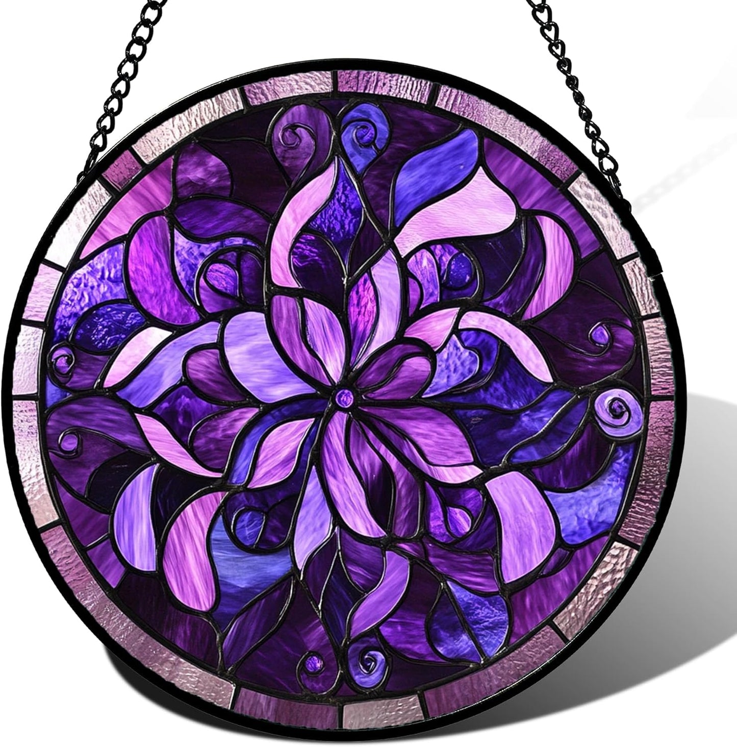 Stained Glass Window Hanging - Purple Abstract Flower Suncatcher for Door Garden Patio Sun Catchers Decor Christmas Mother's Day Birthday Gifts for Women Men Mom Nana Aunt Friend 9.8 in