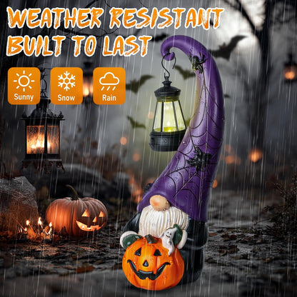 Halloween Decorations Garden Gnomes Statue Holding Pumpkins Decor Funny Gnome Figurines with Solar Light Halloween Party Decorations for Garden Porch Yard Lawn