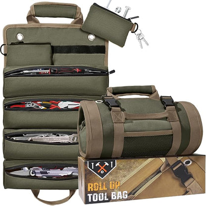 QcoQce Heavy Duty Oxford Tool Roll, Waterproof Durable Tool Bag with 6 Pockets, Tool Organizer for Garage, Vehicle Maintenance, Home Repairs, Portable Roll Up Tool Bag Gift for Men