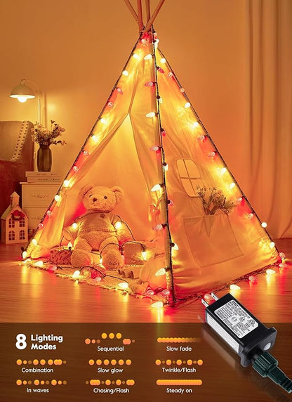 Brightown C9 Christmas Lights Outdoor, 114FT 150 LED Red and Warm White String Lights with Timer, 8 Modes, UL Listed Waterproof Connectable Christmas Tree Lights for House, Roof, Garden, Patio Decor