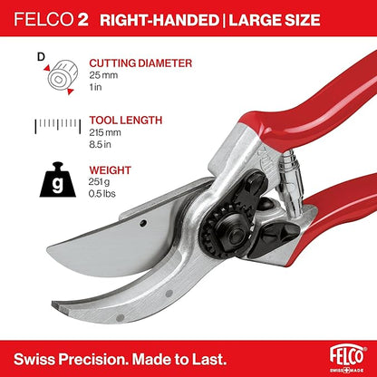 Felco F2 Pruning Shears – 9.25" Swiss-Made Garden Clippers for Professional Pruning | Hand Pruners for Gardening | Garden Tool Cutter with Precision Bypass Blade, Aluminum Body, Replaceable Parts