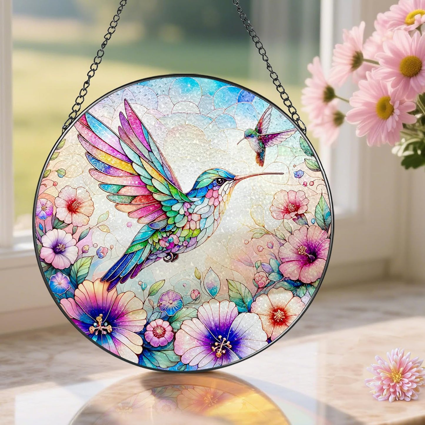 Stained Glass Window Hanging, Pauyadu Hummingbird Sun Catchers, Stained Glass Suncatcher, Hummingbird Decor Gifts for Women, Mom, Grandma, Wife, Lovers and Couple - 8 Inch