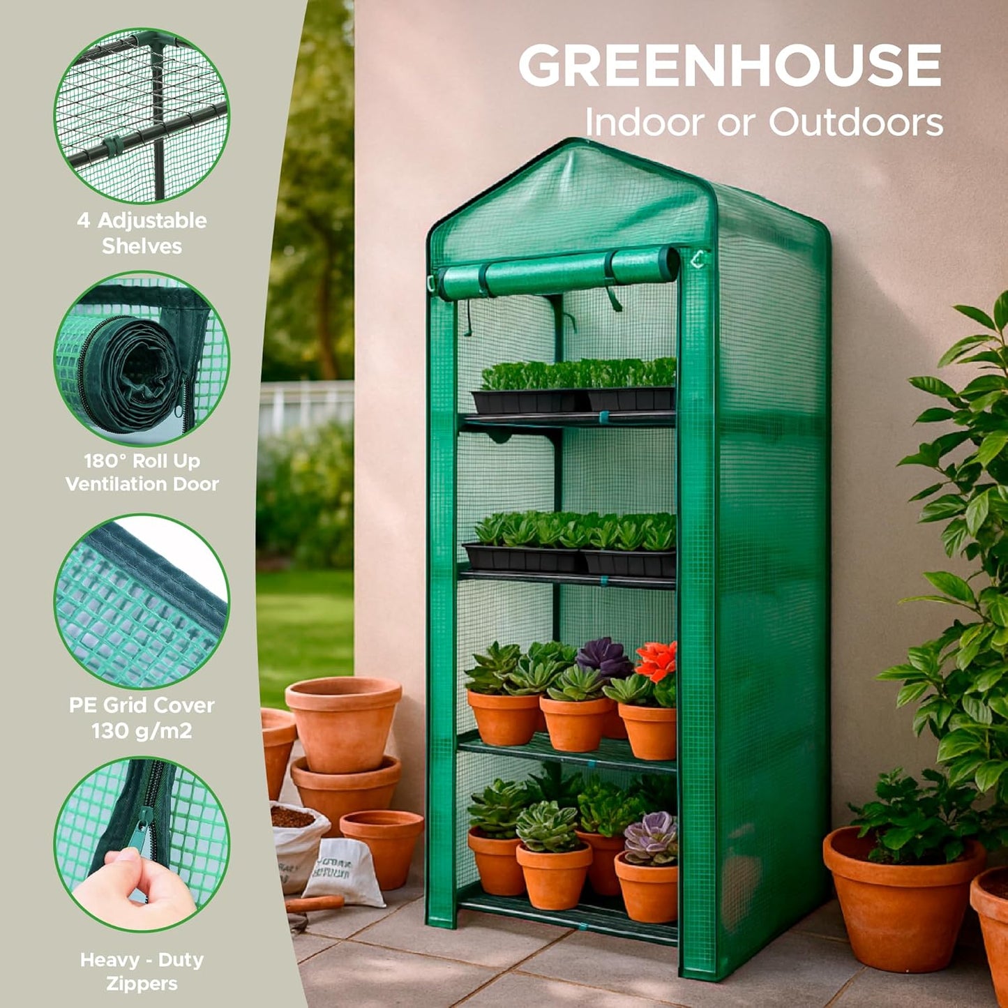 Elly 4-Tier Greenhouse for Indoor Outdoor 63'' H x 27'' L x 19'' W Portable Plant House Stand with Durable PE Cover & UV Protection, Roll-Up Zipper Door, Ideal for Seedlings, Starter Plants