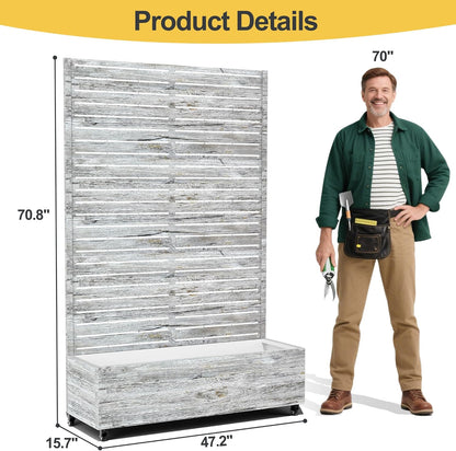 Raised Garden Bed with Trellis and Wheels,73"x47"x16" Metal Raised Garden Bed,White Wood Finish Metal Planter with Climbing Trellis for Vines & Vegetables