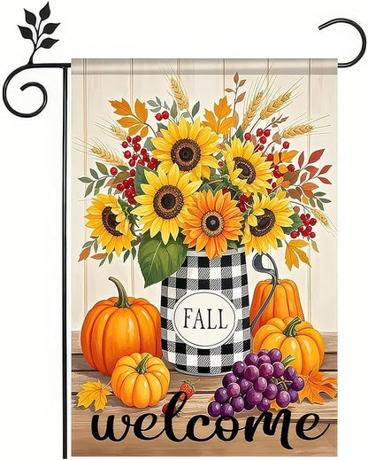 Garden Flags 12x18 Inch Fall Welcome Flag Double Sided Sunflower Pumpkin Grape Floral Outdoor Yard Banner for Porch Lawn Patio Autumn Harvest Decor Seasonal Thanksgiving Decoration