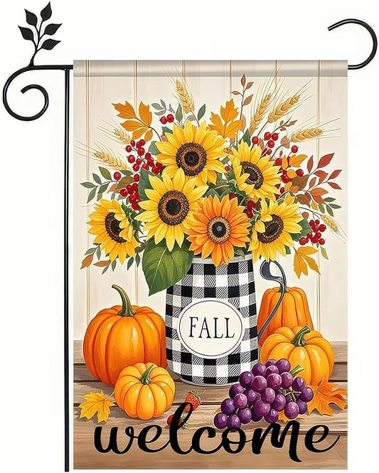 Garden Flags 12x18 Inch Fall Welcome Flag Double Sided Sunflower Pumpkin Grape Floral Outdoor Yard Banner for Porch Lawn Patio Autumn Harvest Decor Seasonal Thanksgiving Decoration