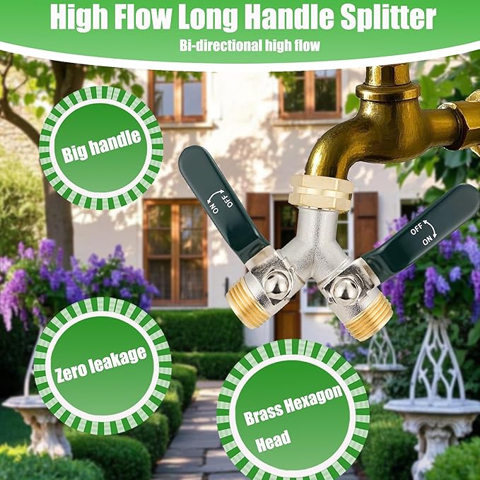 EJW Hose Splitter 2 Way, Garden Hose Y-Valve Splitters, Full Flow Hose Splitter Connector, Heavy Duty Brass Garden Hose Splitters, 3/4 Inch GHT Thread,Garden Hose Adapter 2 Way.