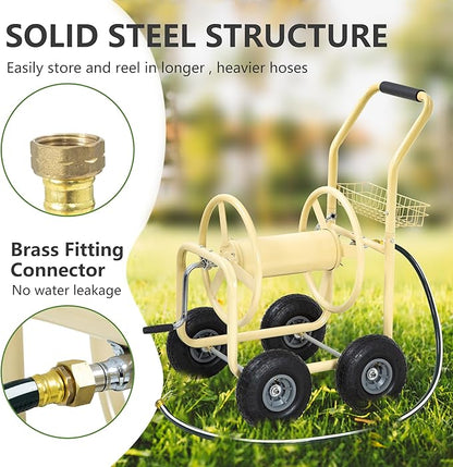 Hose Reel Hold Up To 300 Ft Heavy Duty Garden Hose Reel Sturdy Water Hose Reel Cart with 4 Wheels Storage Basket for Garden Lawn Yard Outdoor (Tan)