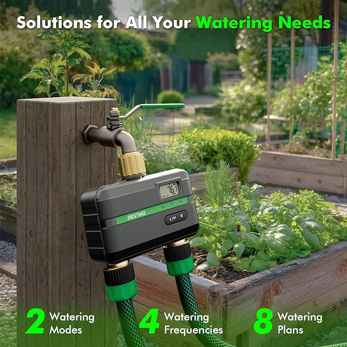 RESTMO Smart Sprinkler Timer with Flow Meter, 2 Zone Water Timer for Garden Hose, Brass Inlet & Outlet, Automatic Lawn & Yard Irrigation Watering System, APP Remote Control (RF Hub + WiFi Connection)