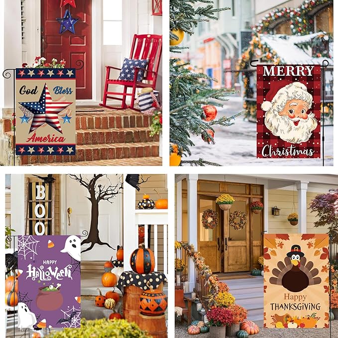 Seasonal Garden Flags set of 12 Double Sided, Yard Flags for Outside 12x18 Inch for Christmas Halloween Easter Valentine's St Patrick's 4th of July Spring Summer Fall Winter, All Seasons Garden Decor