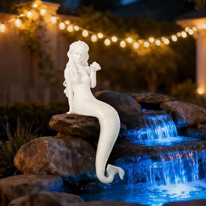 Mermaid Statue for Outdoor Garden,25.6Inch Large Weather-Resistant Sculpture for Yard & Patio Decor, Made of Durable Magnesium Oxide Stone in Antique White