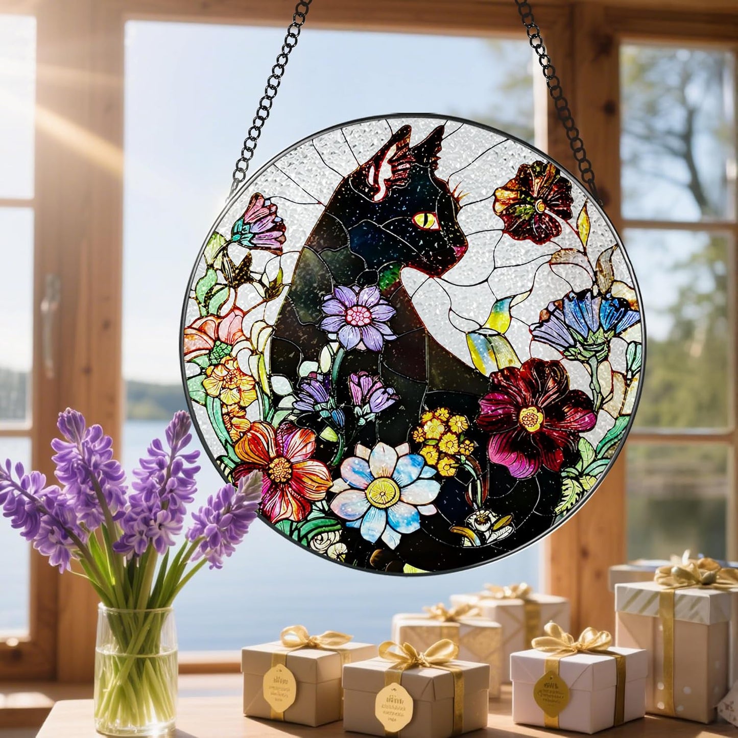 Stained Glass Window Hanging, 8 Inch Black Cat Sun Catcher, Stained Glass Suncatcher, Suncatchers for Windows, Window Decor Hanging, Cats Lover Gifts, Cat Lover Decor, Gifts for Cats Lovers