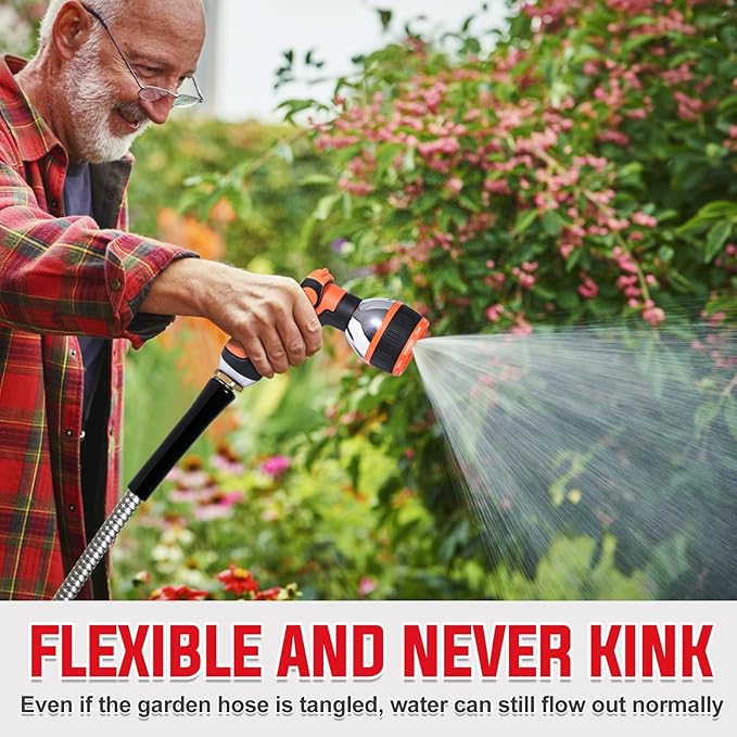 YAMATIC 25FT Stainless Steel Garden Hose with 10 Pattern Spray Nozzle, Heavy Duty Metal Water Hose, Kink-Free, Rust Resistant Hose for Yard, Lawn, RV, Outdoor