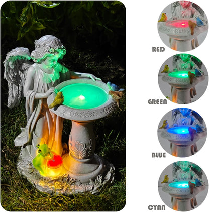 Solar Angel Garden Sculpture with Color - Changing Lights,Resin Garden Outdoor Decorations Figurine with Birds,Frog & Mushroom for Home,Yard,Patio,Balcony,Lawn - Unique Housewarming Gifts