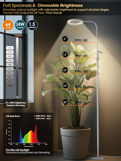 Smart Grow Lights for Indoor Plants,24W Plant Light with Auto-Timer,Full Spectrum LED Grow Light, Adjustable Height & Stepless Dimming,Plant Assistant Suitable for Most Plants (White, 24W)