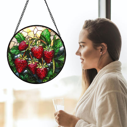 Stained Glass Suncatcher, Red Strawberry Green Leaf Sun Catcher Silver Background Stain Glass Window Hanging Decoration Mother's Day Birthday Gifts for Women Men Mom Nana 11.8 in