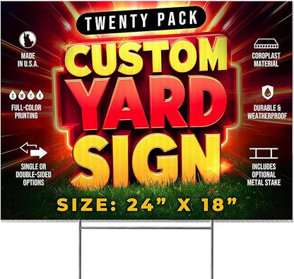 20 Pack 24"x18" Custom Yard Signs with Stakes, Personalized Yard Signs for Outdoors, Customized Full Color Print Corrugated Signs for Business