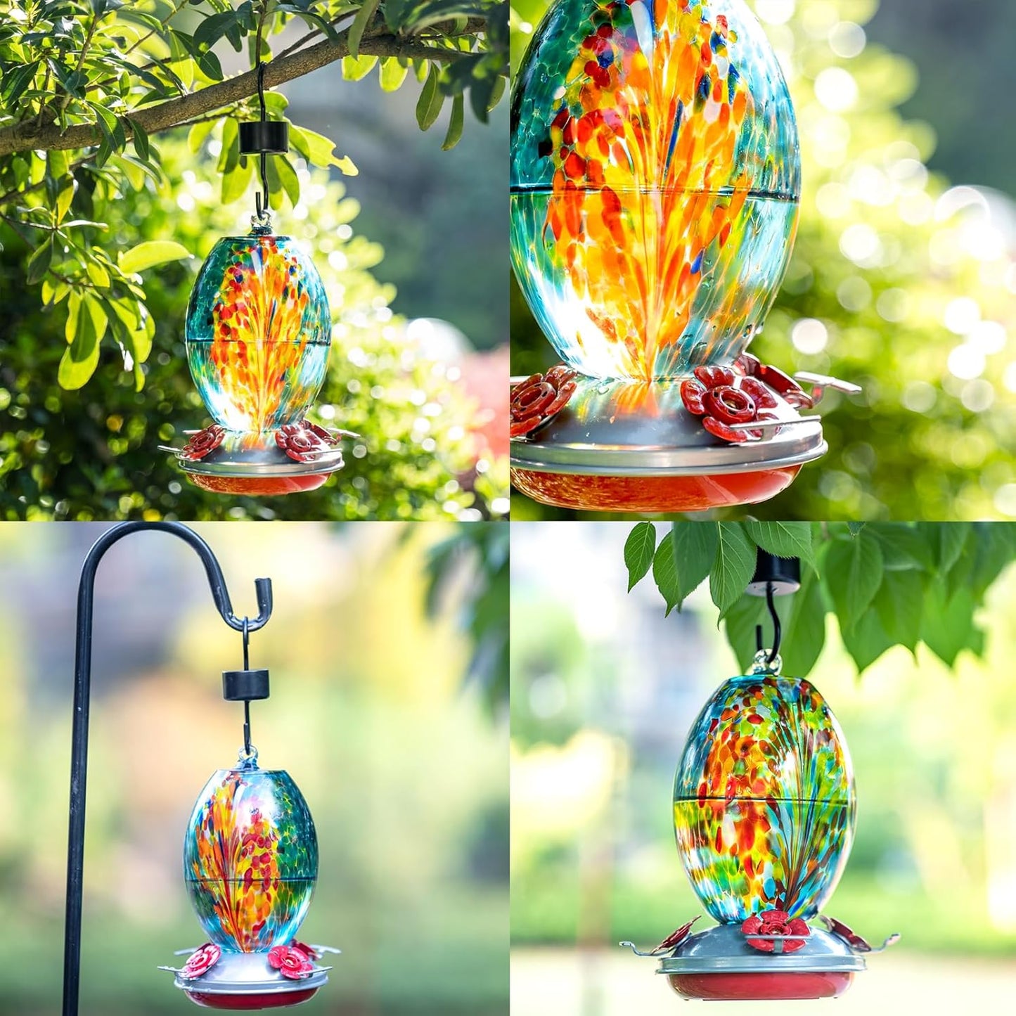 Muse Garden Glass Humming Bird Feeders for Outdoors - 27OZ Blown Glass Hummingbird Feeder - Unique Gift for Mom Women, Outdoors Hanging Garden Decor, Includes Ant Moat & Brush, Blue Fireworks