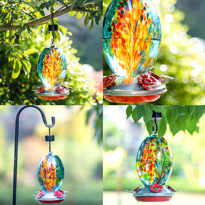 Muse Garden Glass Humming Bird Feeders for Outdoors - 27OZ Blown Glass Hummingbird Feeder - Unique Gift for Mom Women, Outdoors Hanging Garden Decor, Includes Ant Moat & Brush, Blue Fireworks