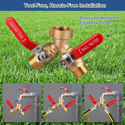 Heavy Duty Brass Garden Hose Splitter – 2 Way Y Valve with Leak-Proof Design & Stainless Steel Long Handle, 3/4" Hose Connector for Precise Flow Control