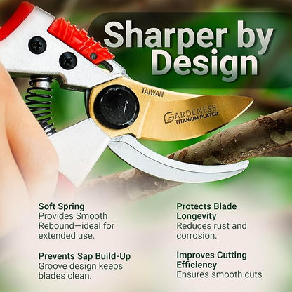 Gardeness Titanium Bypass Pruning Shears- SK5 Steel Garden Clippers For Gardening, Florist cutters-Floral Secateurs with Soft Comfort Grip Handles for Trimming Flowers, Branches, Shrubs and Plants