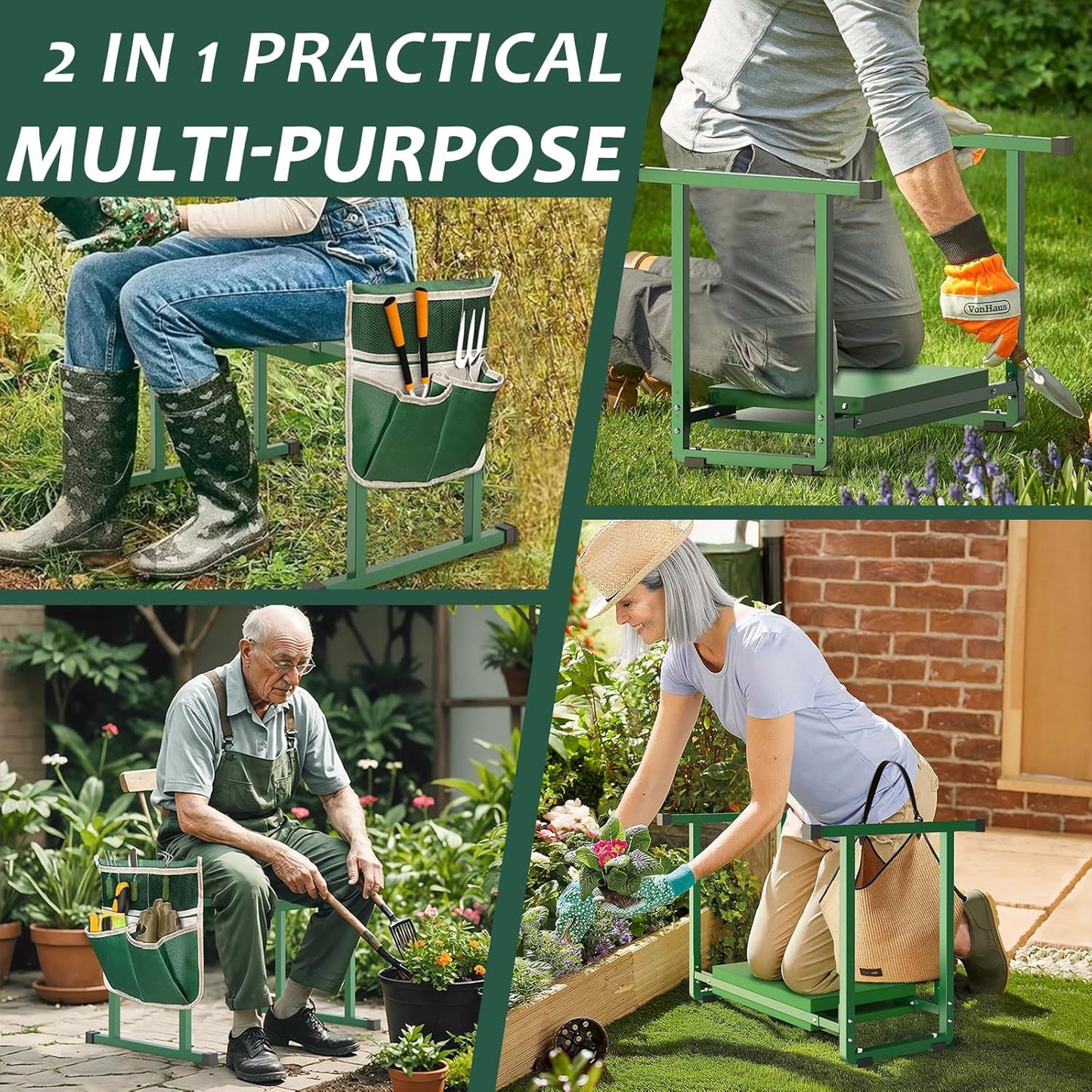 Garden Kneelers Seat, Stable and Save Anti-Tipping Design 10.2" Wider Garden Kneeler and Seat with Handle, Heavy Duty Gardening Stool for Seniors, Gardening Weeding Bench for Gardeners Parents - Green