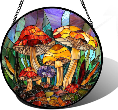 Stained Glass Window Hanging, Jungle Mushrooms Sun Catchers Diamond Glass Panel Hangings Plant Suncatcher Decor for Birthday for Women,Men, Wife, Aunt,and Mom 6.3X6.3 in