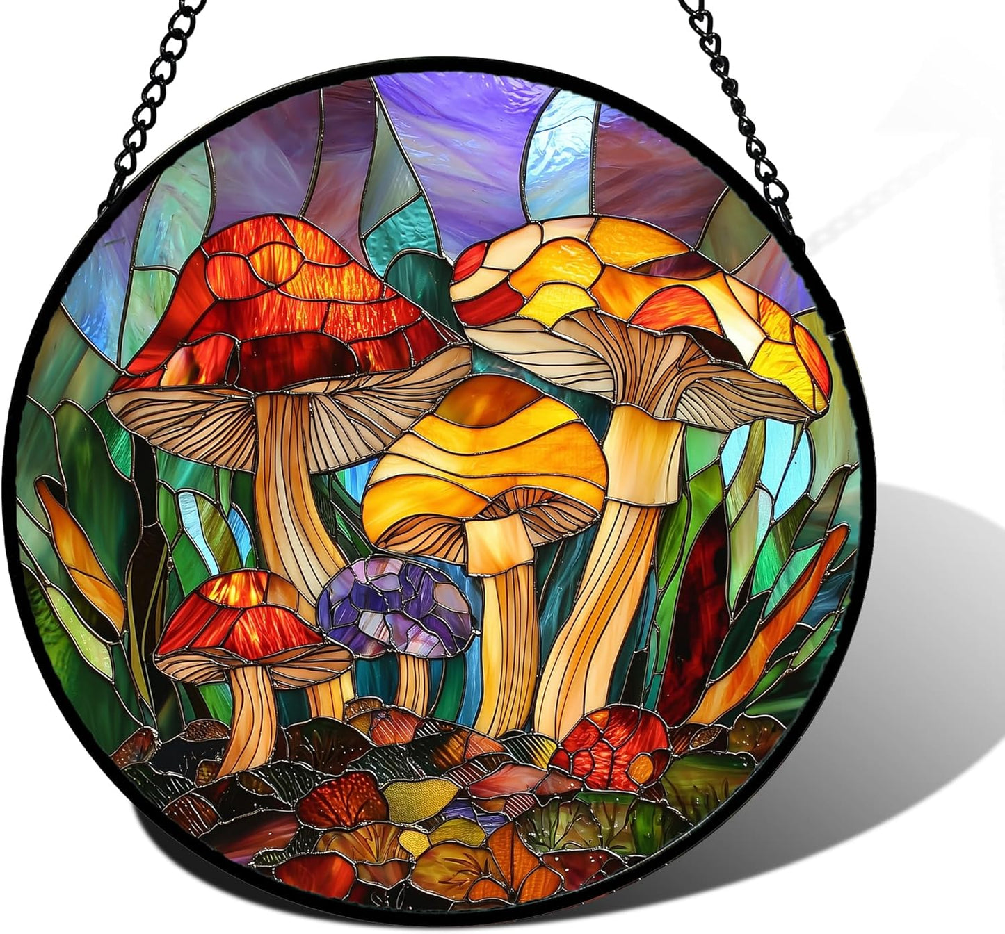 Stained Glass Window Hanging, Jungle Mushrooms Sun Catchers Diamond Glass Panel Hangings Plant Suncatcher Decor for Birthday for Women, Men, Wife, Aunt, and Mom 7.8 in