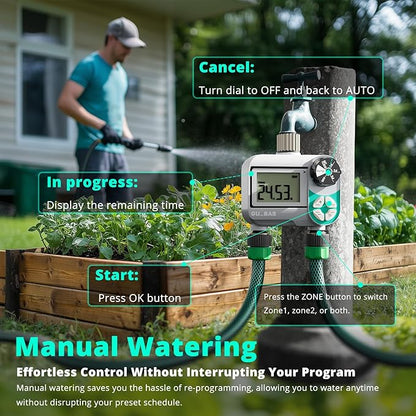 QUOBAS Weekly Plan 2 Zone Sprinkler Timer with Metal Inlet & Outlet, Water Timer for Garden Hose with Rain Delay/Manual Watering/Automatic Watering Controller System for Watering Lawn, Yard, Garden