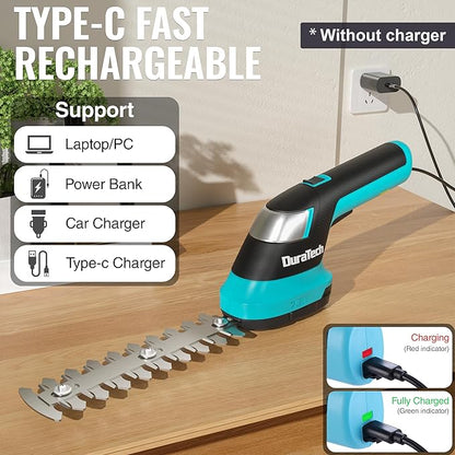 DURATECH Cordless Hedge Trimmer, 7.2V 2-in-1 Handheld Rechargeable Grass Trimmer & Hedge Shears with USB Type-C Cable, Built-in Li-ion Battery, Electric Shrub & Grass Shears for Garden, Yard and Lawn