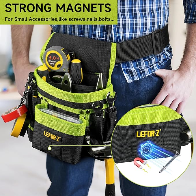 Tool Belt,Magnetic Tool Pouch,14-Pockets Tool Belts for Men,Detachable & Adjustable Tool Pouch belt for Electrician,Carpenter,Construction,Work Apron,Utility Belt,Black-Green