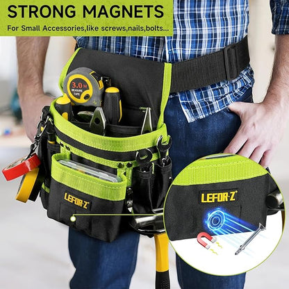 Tool Belt,Magnetic Tool Pouch,14-Pockets Tool Belts for Men,Detachable & Adjustable Tool Pouch belt for Electrician,Carpenter,Construction,Work Apron,Utility Belt,Black-Green