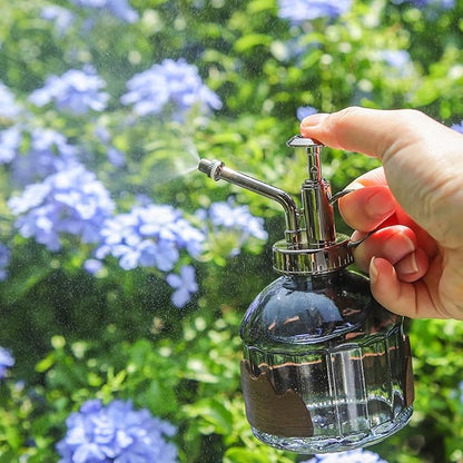 OFFIDIX Glass Plant Mister, 6.3 Inches Tall Vintage Style Spritzer Bronze Plastic Top Pump One Hand Watering Can Indoor Plant Spray Bottle for Garden, Plants, Cleaning (Distant Hill)