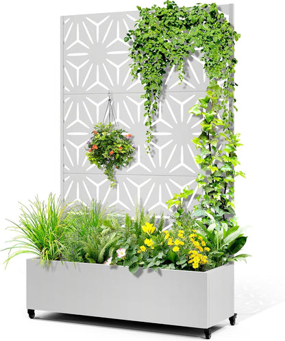 Metal Raised Garden Bed with Trellis, 2 in 1 Trellis with Planter Box & Privacy Screen for Climbing Plants, Vine, Outdoor Standing Flower Beds with Drainage Holes,47.2"L x 16.7"W x 70.8"H,(White-Star)