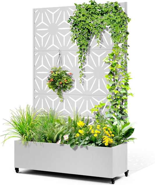 Metal Raised Garden Bed with Trellis, 2 in 1 Trellis with Planter Box & Privacy Screen for Climbing Plants, Vine, Outdoor Standing Flower Beds with Drainage Holes,47.2"L x 16.7"W x 70.8"H,(White-Star)