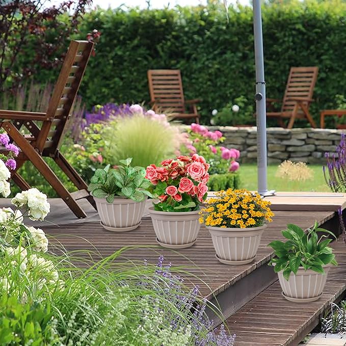 FGstyle 4 Pack Flower Pots,8 Inch Plants Pot,Planters Pot with Drainage Hole & Saucer,Modern Planters for Indoor Outdoor Plants,Decorative Resin Garden Pots for Outdoor Indoor Home Plants (Beige)