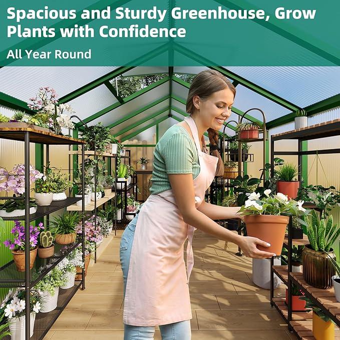 8x12 ft Greenhouse, Large Aluminum Greenhouses for Outdoors, Heavy Duty Polycarbonate Greenhouse with Roof Vent, Walk-in Green Houses for Winter Garden, Backyard, Patio, Lawn, Easy Assembly