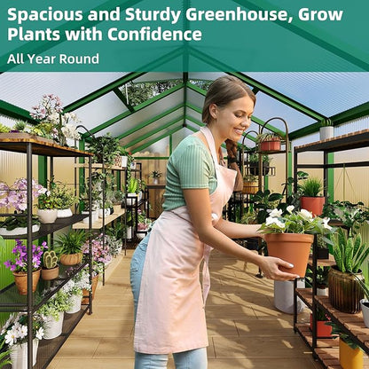 Garvee 8x12 ft Greenhouse - Aluminum Greenhouses for Outdoors, Large Polycarbonate Greenhouse with Roof Vent, Heavy Duty Walk-in Green Houses for Outside Garden, Backyard, Patio, Lawn, Easy Assembly