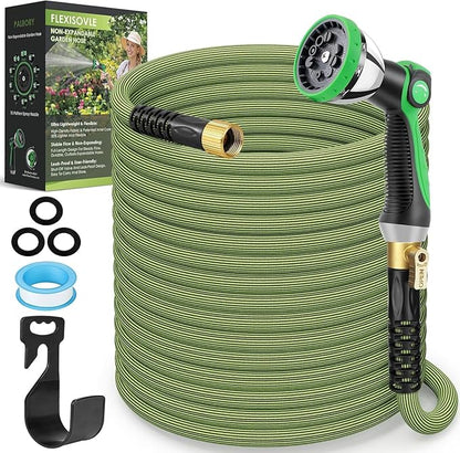 Non-Expandable Garden Hose 100 ft, Ultra Lightweight Flexible Water Hose with 10-Pattern Nozzle, Leak-Proof, High-Density Fabric, Thickened Connector, Shut-Off Valve for Yard, Lawn, Outdoor