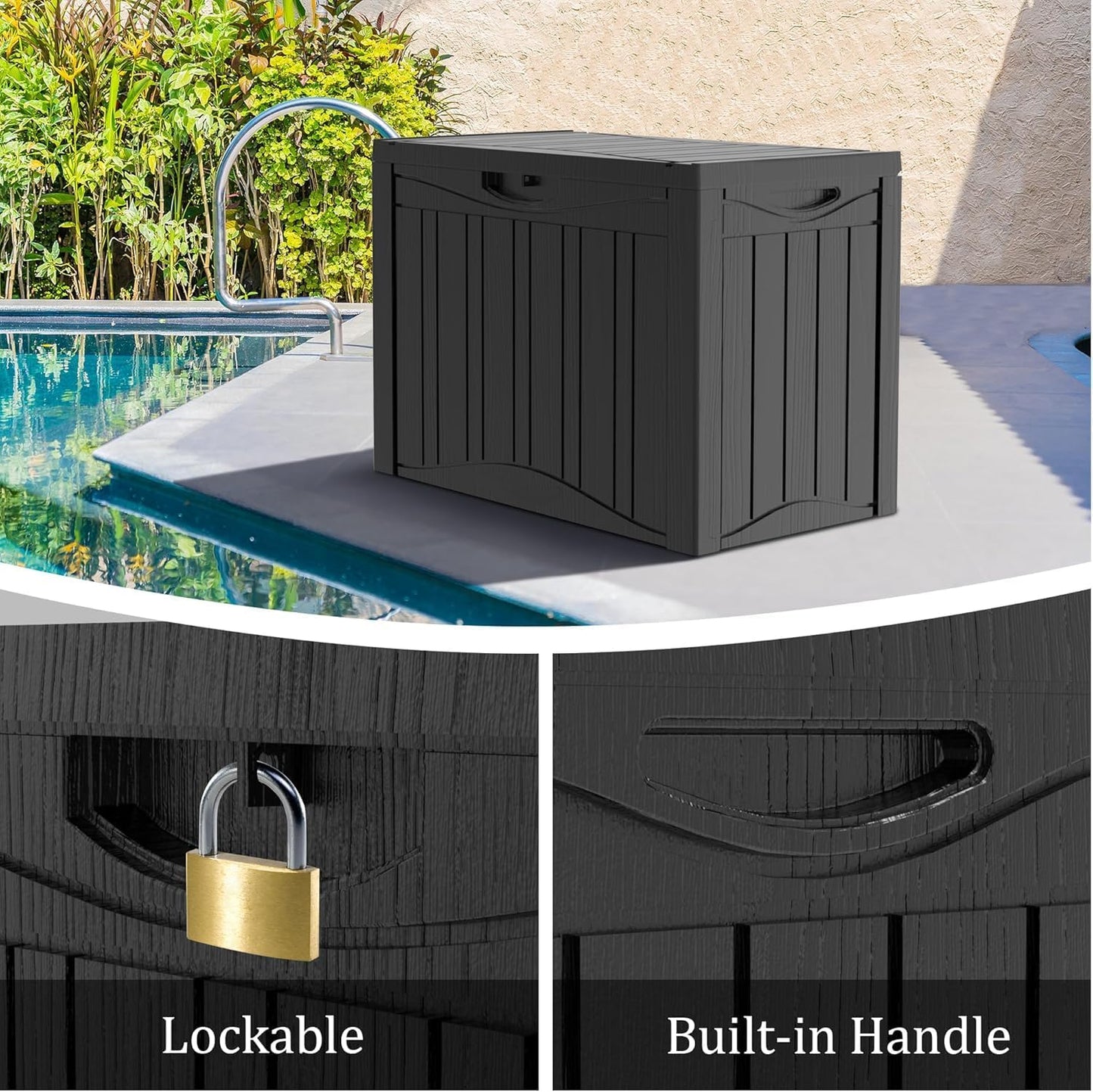 TARKARI 45 Gallon Lockable Resin Deck Box, Waterproof & UV-Resistant Outdoor Storage Box for Outdoor Cushion Storage, Garden Tools & Pool Accessories Storage, Black