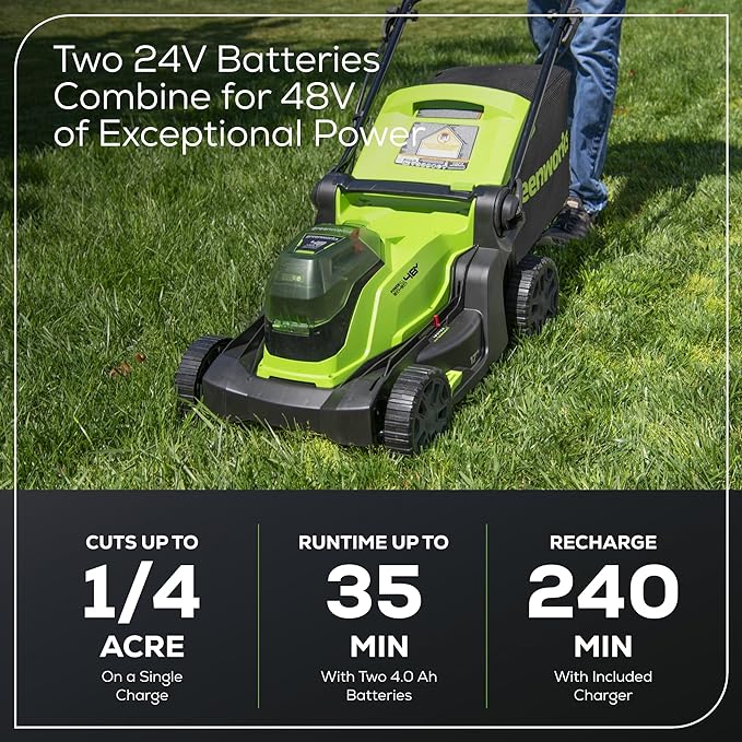 Greenworks 48V (24V x 2) 17" Brushless Cordless Push Lawn Mower, Includes (2) 4.0Ah Batteries and Dual Port Rapid Charger((150+ Compatible Tools, 45Min Runtime)