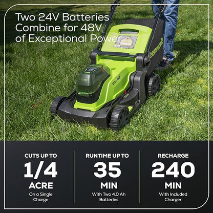 Greenworks 48V (24V x 2) 17" Brushless Cordless Push Lawn Mower, Includes (2) 4.0Ah Batteries and Dual Port Rapid Charger((150+ Compatible Tools, 45Min Runtime)