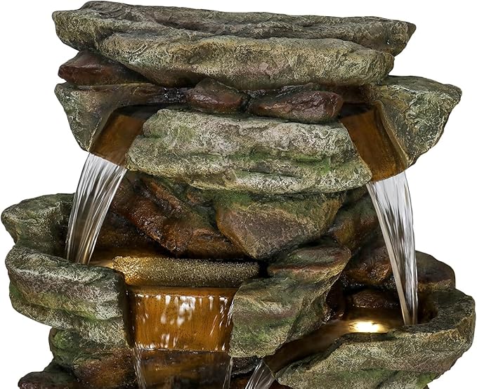SunJet 59" High Multi-Tiers Cascading Rock Outdoor Water Fountain with LED Lights - Large Outdoor Fountains and Waterfalls for Garden or Patio, Yard, and Deck Decor, Featuring Natural Stone Look