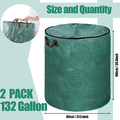 Kingdder 2 Pack 132 Gallon Reusable Yard Waste Bags with Lid and Handle Collapsible Extra Large Lawn Bag Holder Heavy Duty Leaf Bins Garden Container for Garbage Outdoor Clean Up Debris Leaves Grass
