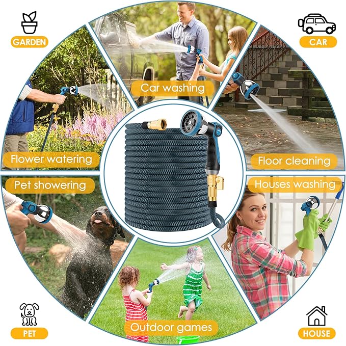 Non-Expanding Garden Hose 100 ft, Flexible Water Hose with 10 Function Spray Nozzle, Lightweight Hose Pipe, Leak-Proof, Durable, Kink-Resistant, 3/4 Inch Connector, Portable Storage Strap