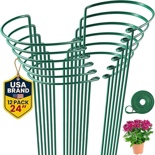 12 Pack Tall Snake Plant Support Stakes – 10" W x 24" H Half Round Peony Cages and Supports for Indoor and Outdoor Plants – Plant Cage Ring Support for Flower - Peony, Tomato, Hydrangea, Rose Bush