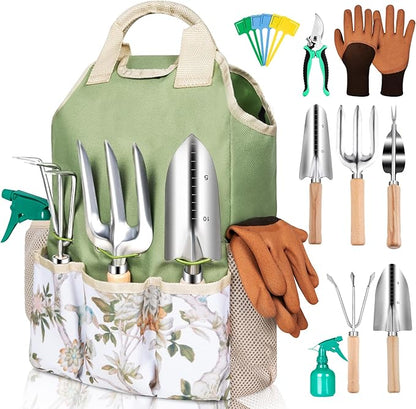 Gardening Tool Set 10 Pieces, Heavy Duty Stainless Steel Garden Tool Set Hand Tools with Roomy Lightweight Floral Tote Bag, Rust-Proof Garden Tools for Gardening, Ideal Gardening Gifts for Women Mom