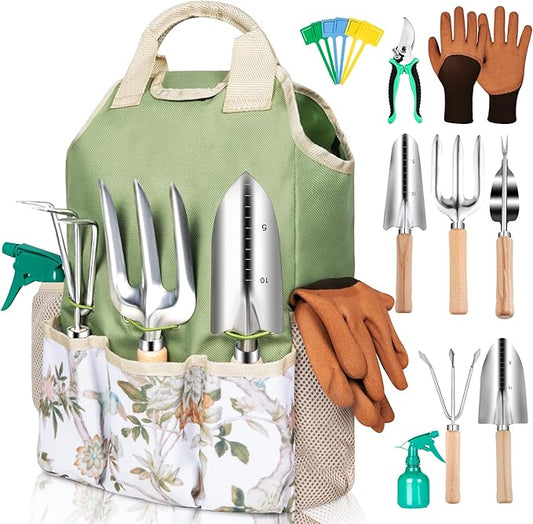 Gardening Tool Set 10 Pieces, Heavy Duty Stainless Steel Garden Tool Set Hand Tools with Roomy Lightweight Floral Tote Bag, Rust-Proof Garden Tools for Gardening, Ideal Gardening Gifts for Women Mom